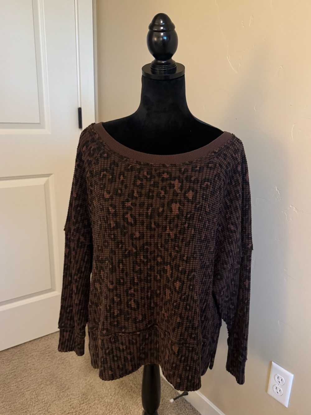 American Eagle Outfitters Brown Leopard Off-the-Shoulder Sweater
